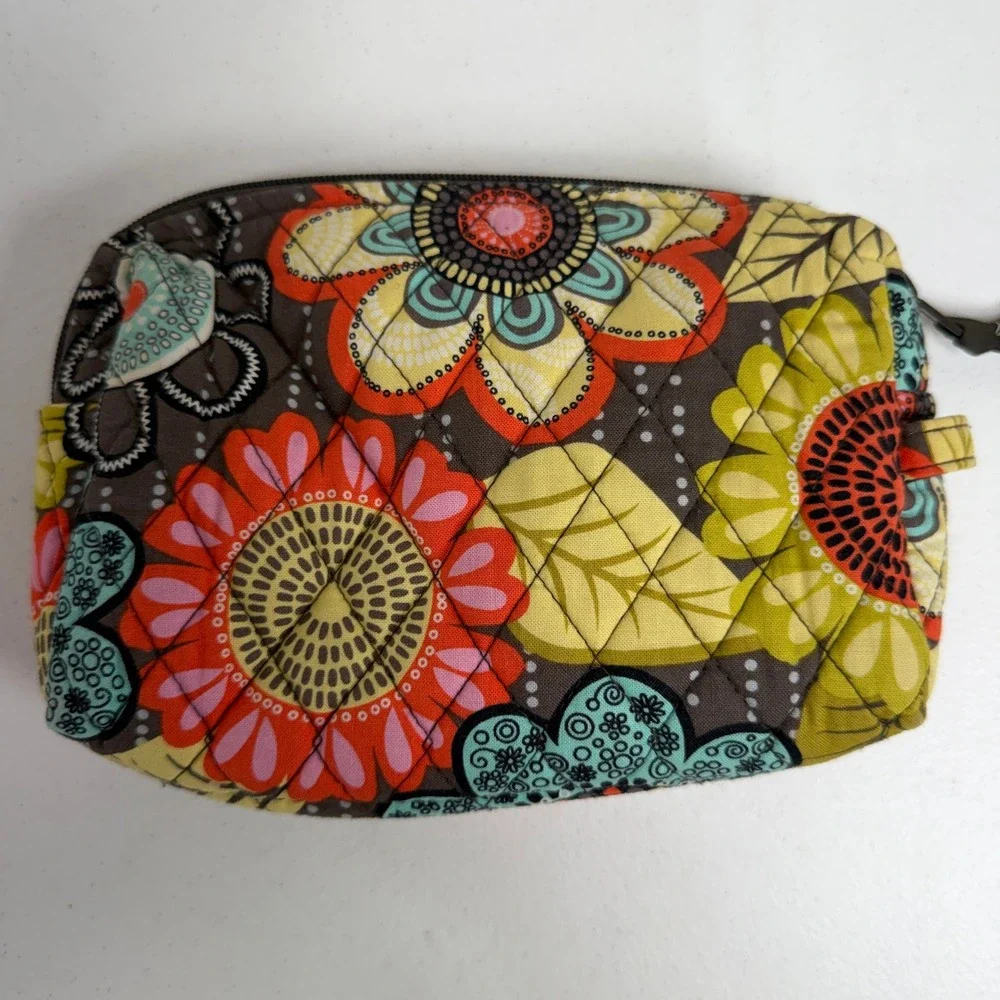 Vera Bradley Flower Shower Small Cosmetic Makeup Quilted Travel Pouch Brown